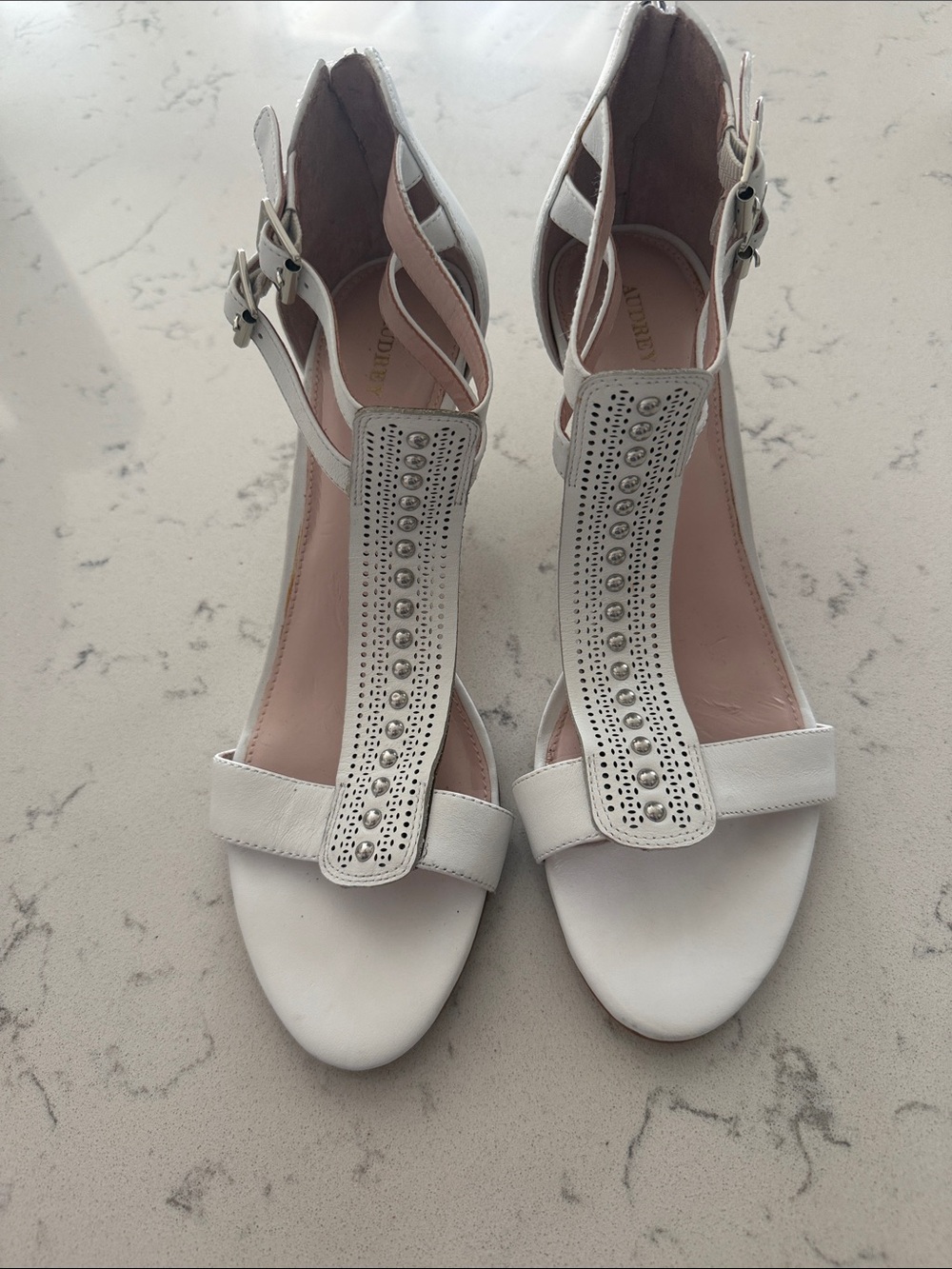Audrey Brooke White T-Strap Heeled Sandals with Stud Accents